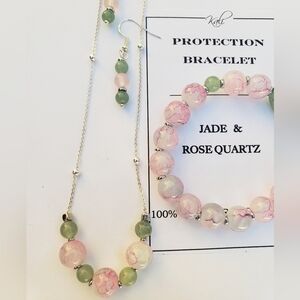 JADE AND ROSE QUARTZ BRACELET NECKLACE AND EARRINGS SET 925 sterling…